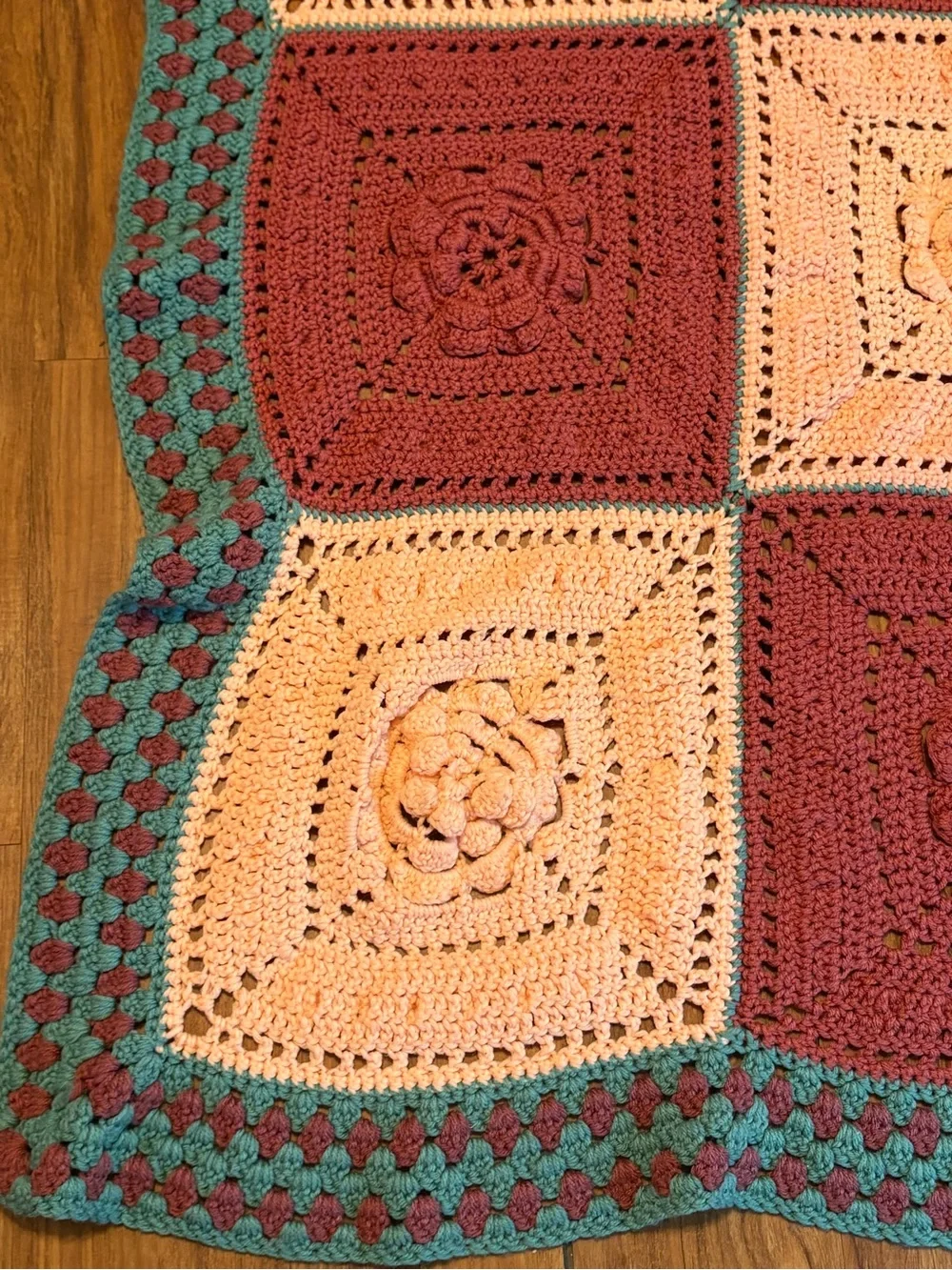 Vtg Granny Afghan Blanket 3D Flower Power Handmade Crochet 49X47” Cottagecore